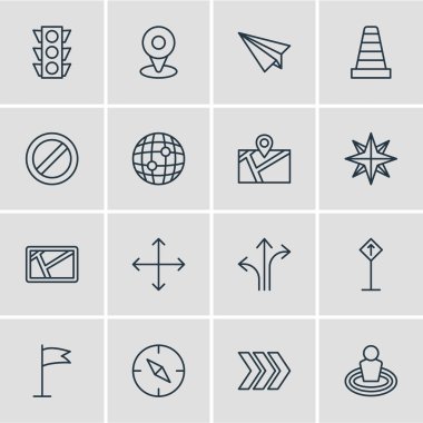 16 konumu anahat simgeler vektör Illustration. Düzenlenebilir kümesi konumu, flama, PIN ve diğer öğeleri.