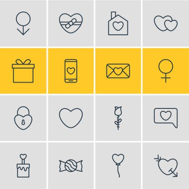 16 aşk anahat simgeler vektör Illustration. Ruh, hediye, hediye ve diğer öğeleri düzenlenebilir kümesi.