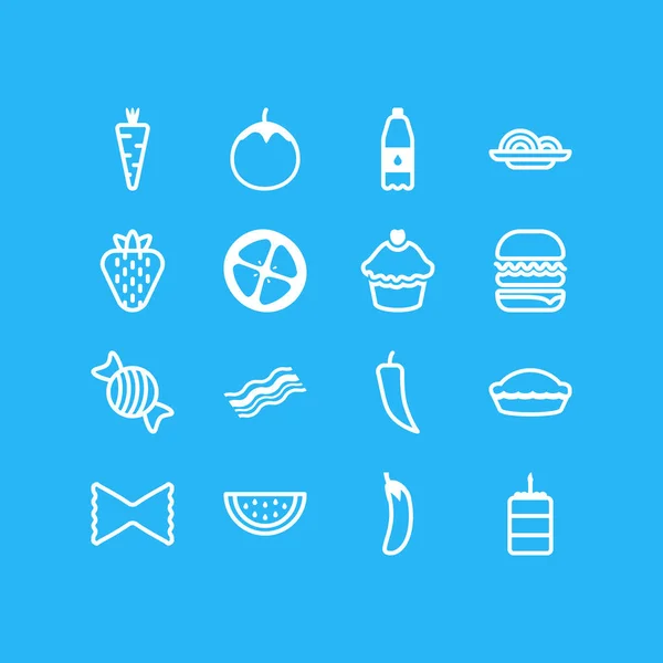 Vektorillustration von 16 Mahlzeitensymbolen. editierbares Set aus Beeren, gefiltertem Wasser, Muffin und anderen Elementen. — Stockvektor
