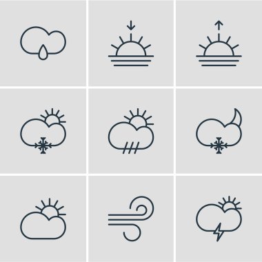 9 atmosfer anahat simgeler vektör Illustration. Sunrise, Drizzles, kasırga ve diğer öğeleri düzenlenebilir kümesi.