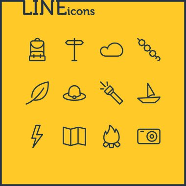 12 kamp anahat simgeleri vektör Illustration. El feneri, yaprakları, bulutlu ve diğer öğeleri düzenlenebilir kümesi.