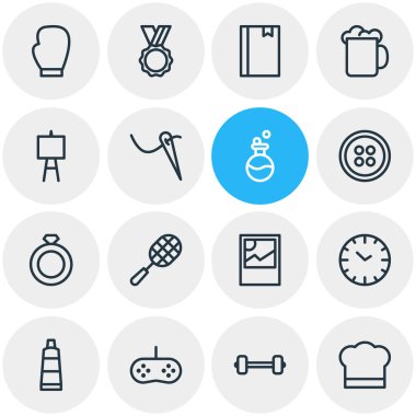 16 yaşam tarzı anahat simgeler vektör Illustration. Tenis, izle, Ale ve diğer öğeleri düzenlenebilir kümesi.