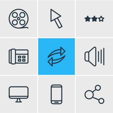 9 medya simgeleri çizgi stili vektör Illustration. Cep telefonu, paylaşım, ekran ve diğer öğeleri düzenlenebilir kümesi.