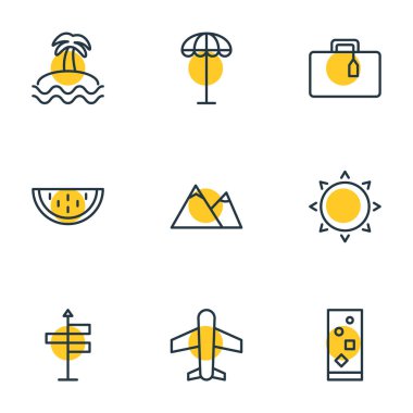 9 Sezon simgeler çizgi stili vektör Illustration. Güneş, gezinti, uçak ve diğer öğeleri düzenlenebilir kümesi.
