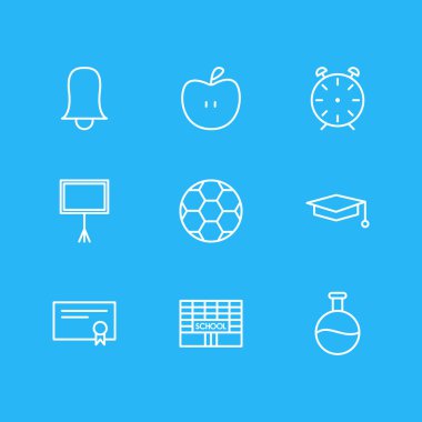 9 eğitim simgeler çizgi stili vektör Illustration. Elma, sertifika, top ve diğer öğeleri düzenlenebilir kümesi.