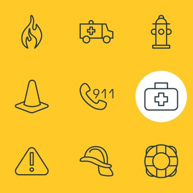9 acil durum simgeleri çizgi stili vektör Illustration. Ünlem işareti, konik, kask ve diğer öğeleri düzenlenebilir kümesi.