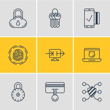 9 gizlilik simgeler çizgi stili vektör Illustration. Düzenlenebilir küme veri güvenliği, anahtar toplama, parmak tanımlayıcı ve diğer öğeleri.