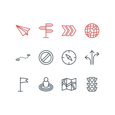 12 yerde simgeler çizgi stili vektör Illustration. Pusula, trafik ışığı, blok ve diğer öğeleri düzenlenebilir kümesi.