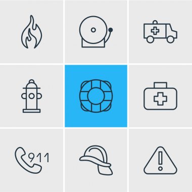 9 zorunluluk simgeler çizgi stili vektör Illustration. Yardım hattı, ünlem, siren ve diğer öğeleri düzenlenebilir kümesi.