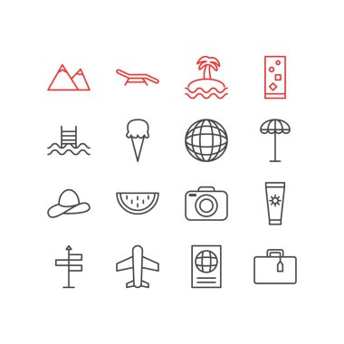 16 yaz simgeler çizgi stili vektör Illustration. Fotoğraf cihazları, uçak, sertifika ve diğer öğeleri düzenlenebilir kümesi.