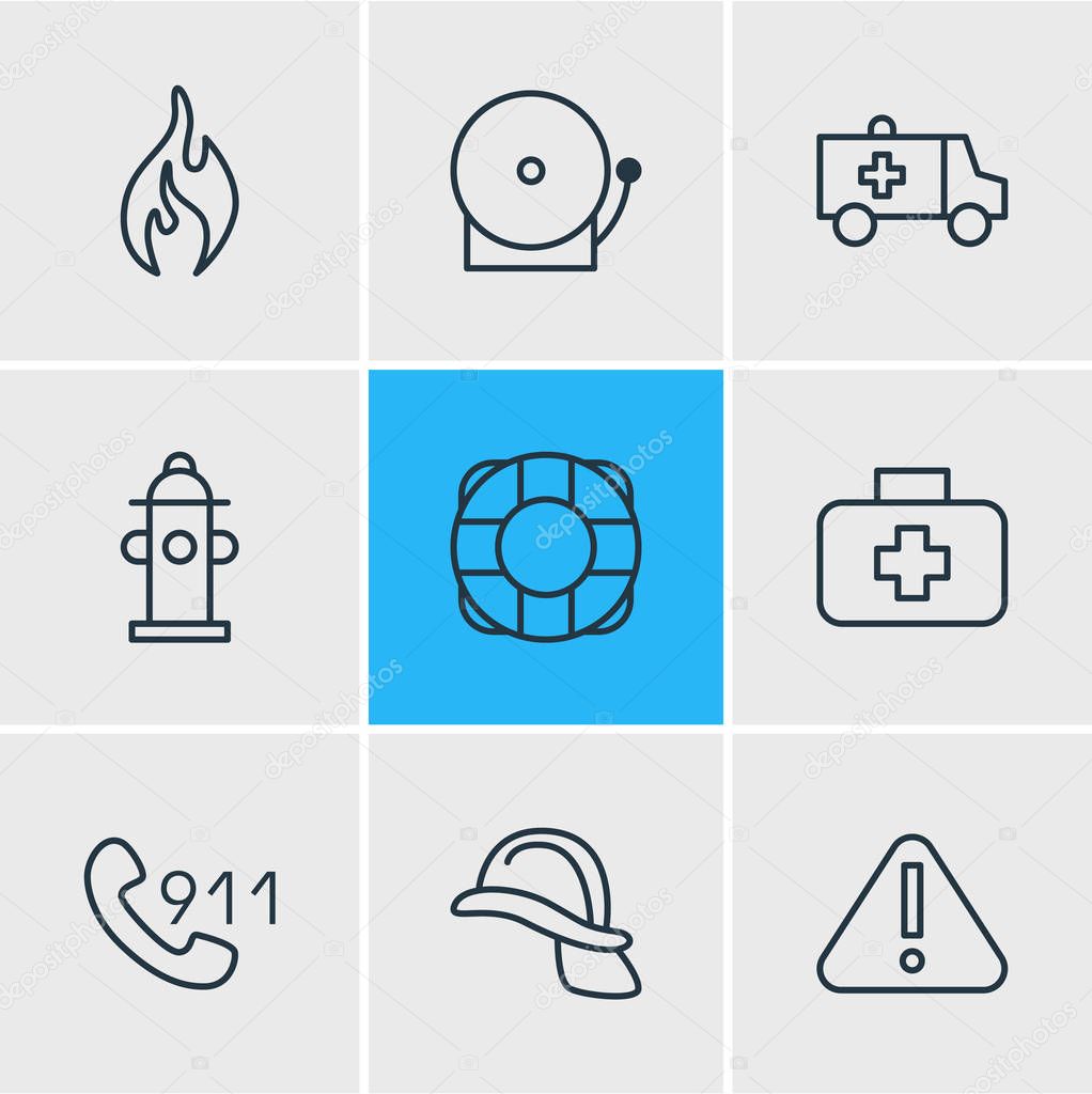 Vector illustration of 9 necessity icons line style. Editable set of hotline, exclamation, siren and other elements.