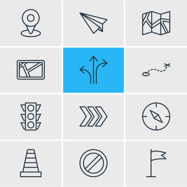 12 yerde simgeler çizgi stili vektör Illustration. Pusula, yolu, harita ve diğer öğeleri düzenlenebilir kümesi.