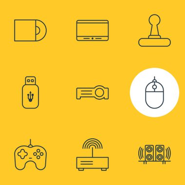 9 Aksesuar simgeler çizgi stili vektör Illustration. Cd-rom, flash sürücü, fare ve diğer öğeleri düzenlenebilir kümesi.