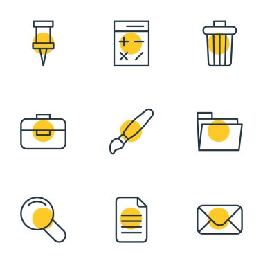 9 aletleri simgeler çizgi stili vektör Illustration. Boya, Çöp konteyner, harf ve diğer öğeleri düzenlenebilir kümesi.