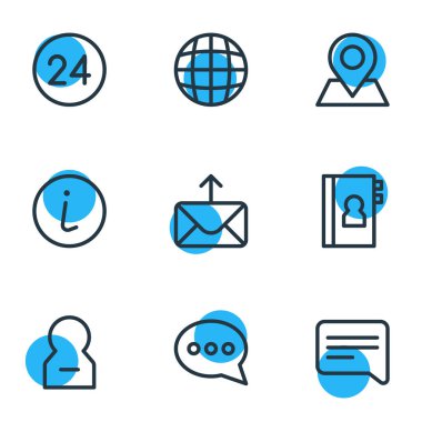 9 kişi simgeler çizgi stili vektör Illustration. Defterini, bilgi, destek ve diğer öğeleri düzenlenebilir kümesi.