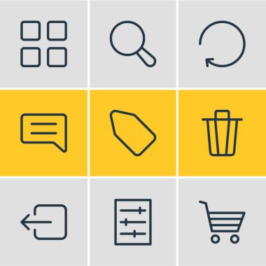 9 uygulama simgeleri çizgi stili vektör Illustration. Düzenlenebilir oturumu kapat, arama, yorum ve diğer öğeleri kümesi.