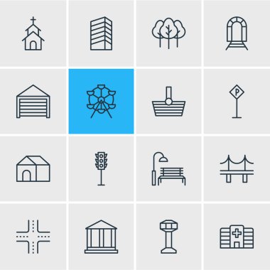 16 genel simgeleri çizgi stili vektör Illustration. Metro, tezgah, orman ve diğer öğeleri düzenlenebilir kümesi.