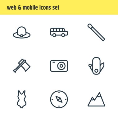 9 turizm simgeler çizgi stili vektör Illustration. Fotoğraf cihazları, Ulaştırma, kap ve diğer öğeleri düzenlenebilir kümesi.