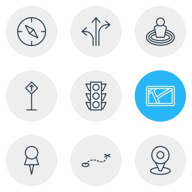 9 yer simgeler çizgi stili vektör Illustration. Konumu, Pusula, yer ve diğer öğeleri düzenlenebilir kümesi.