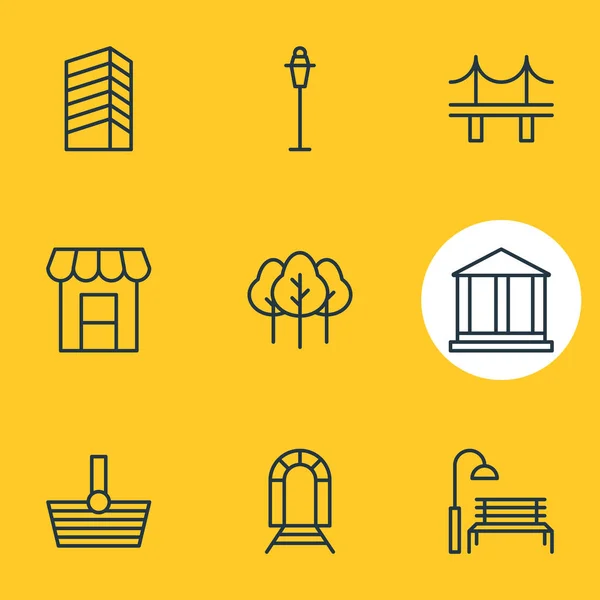 Ilustração vetorial de 9 ícones da cidade estilo linha. Conjunto editável de floresta, arranha-céus, cesta e outros elementos . — Vetor de Stock