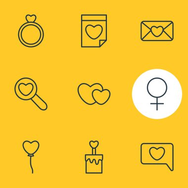 9 tutku simgeler çizgi stili vektör Illustration. Sevgililer, Kalpler, nişan ve diğer öğeleri düzenlenebilir kümesi.