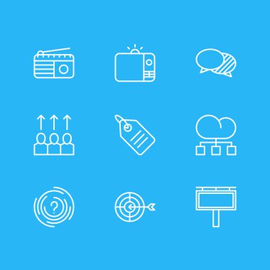 Vektör çizim simgeler çizgi stili pazarlama 9. Radyo, amacı, fiyat etiketi ve diğer öğeleri düzenlenebilir kümesi.