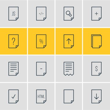 16 sayfa simgeleri çizgi stili vektör Illustration. Dosya, kopya, kod ve diğer öğeleri düzenlenebilir kümesi.