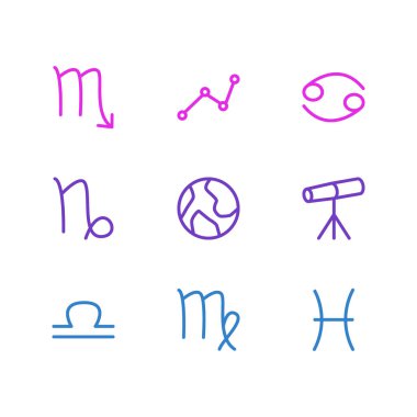 9 takımyıldızı simgeler çizgi stili vektör Illustration. Terazi, Başak, Akrep ve diğer öğeleri düzenlenebilir kümesi.