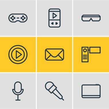 Vector illustration of 9 music icons line style. Editable set of letter, mp3, microphone and other elements.