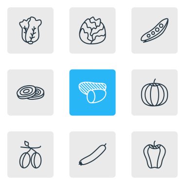 9 gıda simgeler çizgi stili vektör Illustration. Lahana, Bulgar bell, zeytin ve diğer öğeleri düzenlenebilir kümesi.