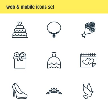 9 evlilik simgeler çizgi stili vektör Illustration. Güvercin, taç, hediye ve diğer öğeleri düzenlenebilir kümesi.