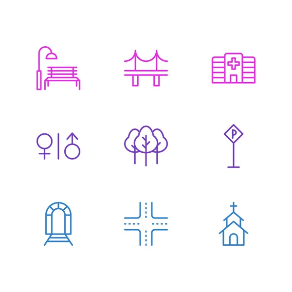 Vektoros illusztráció 9 város ikonok vonalstílust. Szerkeszthető szett WC-vel, parkolóval, templom és egyéb elemek. — Stock Vector