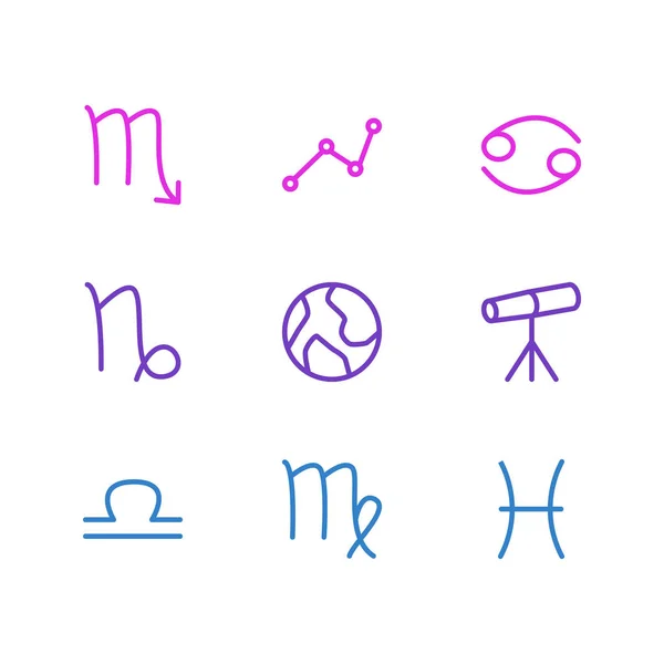 Ilustração vetorial de 9 ícones de constelação estilo de linha. Conjunto editável de libra, virgo, escorpião e outros elementos . —  Vetores de Stock