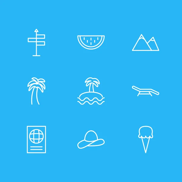 Vector illustration of 9 season icons line style. Editable set of mountain, watermelon, palm and other elements.