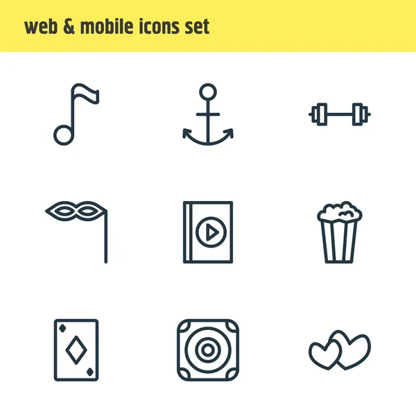 Ilustración de 9 iconos de la alegría estilo de línea. Conjunto editable de barbell, altavoz, naipes y otros elementos . —  Fotos de Stock