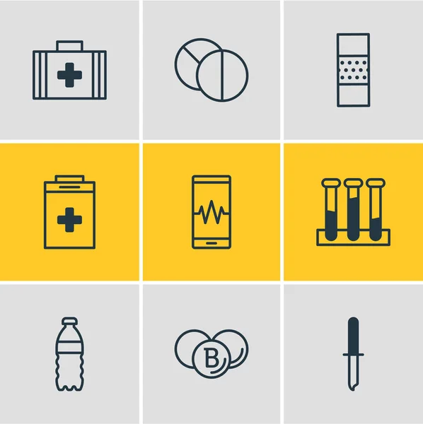 Ilustração de 9 ícones médicos estilo linha. Conjunto editável de conta-gotas, kit médico, sinais de cardiograma e outros elementos . — Fotografia de Stock