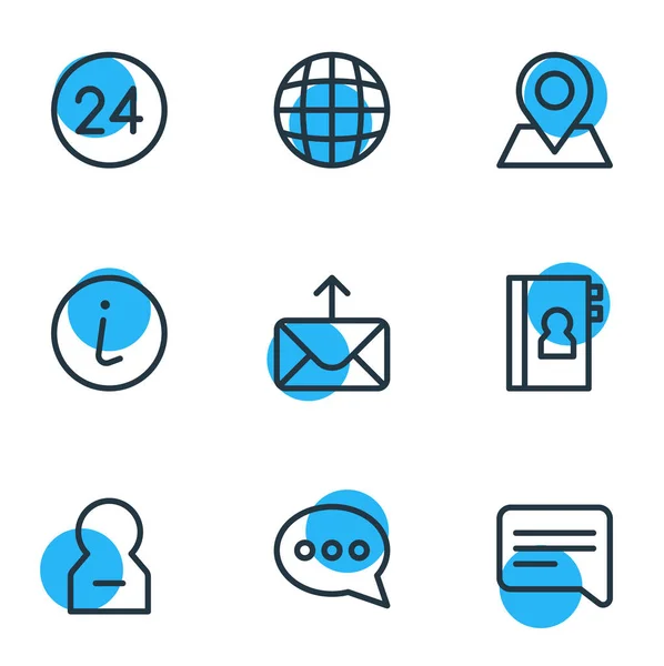 Ilustración de 9 iconos de la comunidad estilo de línea. Conjunto editable de copybook, información, soporte y otros elementos . — Foto de Stock