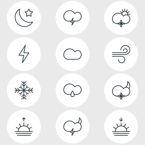 Illustration of 12 sky icons line style. Editable set of crescent, lightning, snow and other elements. — Stock Photo, Image
