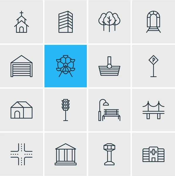illustration of 16 infrastructure icons line style. Editable set of subway, bench, forest and other elements.