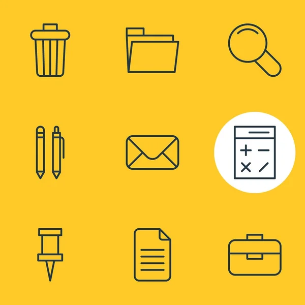 Illustration av 9 verktyg ikoner linjeformat. Redigerbara uppsättning brev, penna, dokumentation och andra element. — Stockfoto