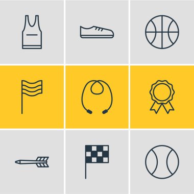 9 fitness simgeler çizgi stili vektör Illustration. Üniforma, bayrak, ok ve diğer öğeleri düzenlenebilir kümesi.