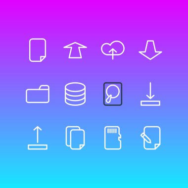 12 depolama simgeler çizgi stili vektör Illustration. Datacenter, indir, dosya ve diğer öğeleri düzenlenebilir kümesi.