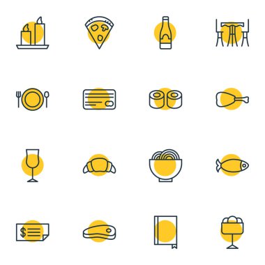 16 Restoran simgeler çizgi stili vektör Illustration. Hesap, deniz ürünleri, bardağı ve diğer öğeleri düzenlenebilir kümesi.