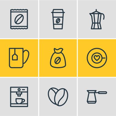 9 kahve simgeler çizgi stili vektör Illustration. Espresso, kupa, Türk ve diğer öğeleri düzenlenebilir kümesi.