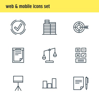 9 ticari simge çizgisi biçiminin vektör illüstrasyonu. Düzenlenebilir denge, hedef, çözüm ve diğer ögeler kümesi.