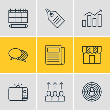 Vektör çizim simgeler çizgi stili pazarlama 9. Gazete, promosyon, crm ve diğer öğeleri düzenlenebilir kümesi.