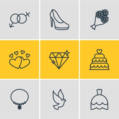 9 simgeleri çizgi stili düğün vektör Illustration. Elmas, vecize, Gelin elbise ve diğer öğeleri düzenlenebilir kümesi.