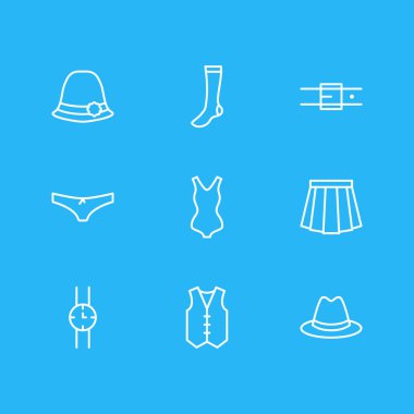 9 giyim simgeler çizgi stili vektör Illustration. Düzenlenebilir dizi el saat, çorap, yelek öğeleri.