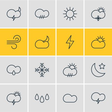 16 atmosfer simgeler çizgi stili vektör Illustration. Düzenlenebilir dizi atabilmek, bulutlu, fulminan ve diğer öğeleri.