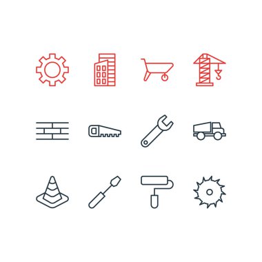 12 inşaat simgeler çizgi stili vektör Illustration. Düzenlenebilir dizi bulutsuz, daire blade, dişli elemanları.